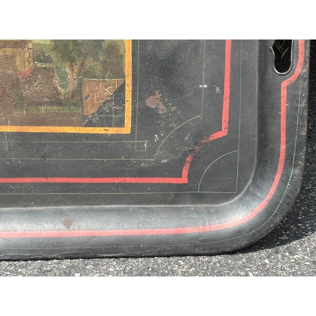 Black 18th/19th Century Hand Painted and Artisan Formed Tole Tray - Large Size - New England Village Imagery For Sale - Image 8 of 9