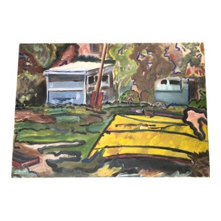 1970’s Original Unusual Modernist Shed in Landscape Abstract Painting For Sale