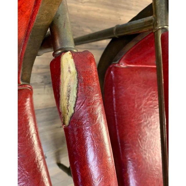 Metal Chairs ~ Pair Vintage Mastercraft Style Red Hollywood Regency Brass Arm Chairs For Sale - Image 7 of 7
