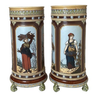 Doulton Hand Decorated Cylinder Vases, 1880s - A Pair For Sale