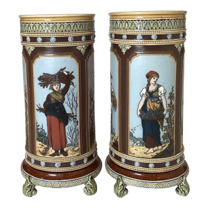 Doulton Hand Decorated Cylinder Vases, 1880s - A Pair