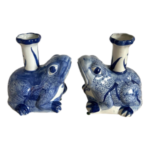 Blue and White Porcelain Frog Candle Stick Holders - A Pair