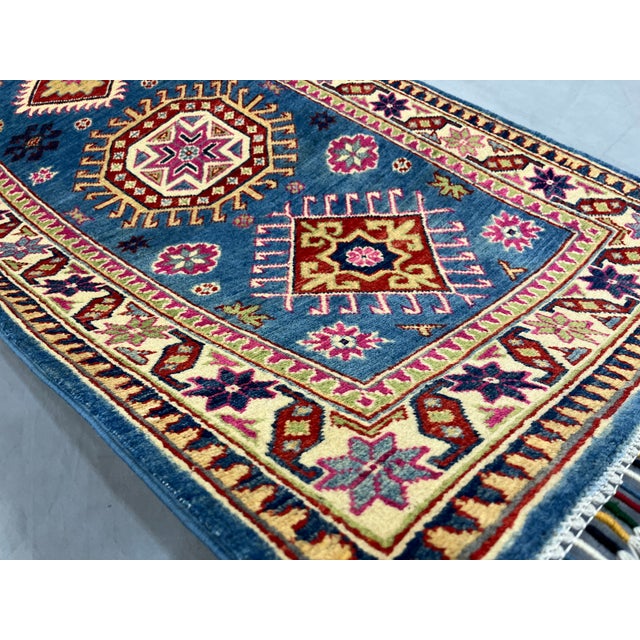 Blue and Pink Kazak-Style Wool Runner Rug With Geometric Medallions, 2 ...