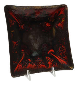 Modernist Red and Black Enamel on Copper Square Dish by Frank Lee