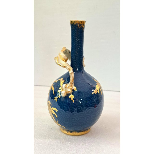 Antique Jean Pouyat Limoges Cobalt Blue & Gilt Porcelain Bottle Vase With Branch Handle For Sale - Image 4 of 12