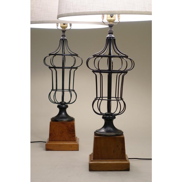 Neoclassical 1930s French Empire Neoclassical Wire Urn Cage Brass Wood Table Lamps - a Pair For Sale - Image 3 of 11