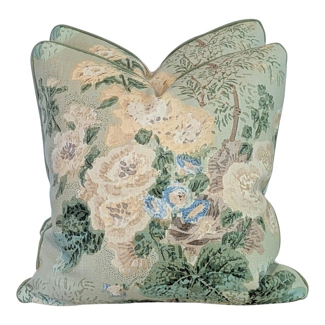 Lee Jofa Hollyhock Pillows in Celadon With Scalamandre Lark Stripe Backs For Sale