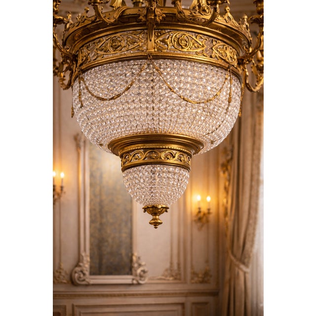 Vintage French Louis XVI Gold Bronze Crystal Chandelier For Sale - Image 6 of 16