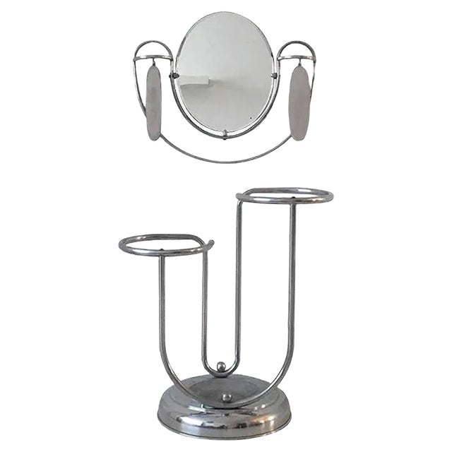 Art Deco Umbrella Stand with Mirror and Brushes, 1920s, Set of 2 For Sale