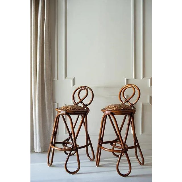Late 20th Century Vintage Bent Bamboo and Grass Cloth Barstools - Set of 2 in the Style of Paul Frankl For Sale - Image 4 of 13