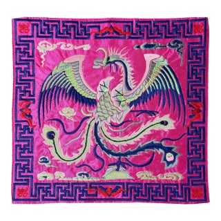 Asian Square Magenta Phoenix Bats Blossom Flower Fabric Display Art For Sale