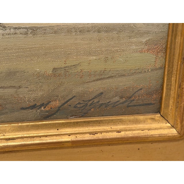 Charming harbor scene oil painting titled “Nantucket Pattern” by artist Mike Lynch, depicting colorful small boats resting...