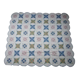 Vintage Nine Patch Stitched Scalloped Geometric Quilt Blanket Bedspread