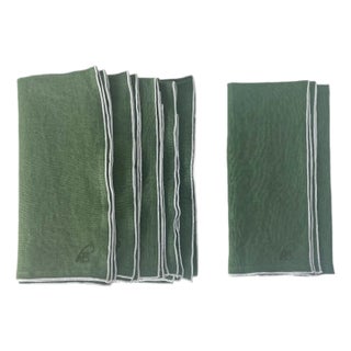 Stone Washed Linen Napkins - Olive with White Trim, Set of 4 For Sale