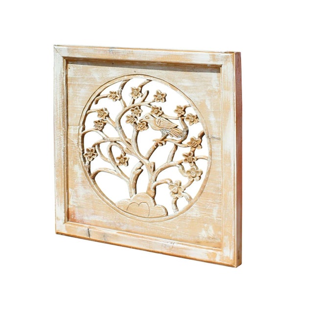 This is a Chinese vintage wash off lacquer finish wooden panel. There is dimensional see through carving motif of flower...