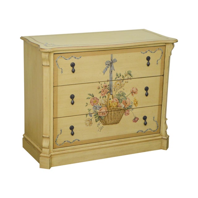 Drexel Heritage Yellow Floral Paint Decorated Chest Of Drawers