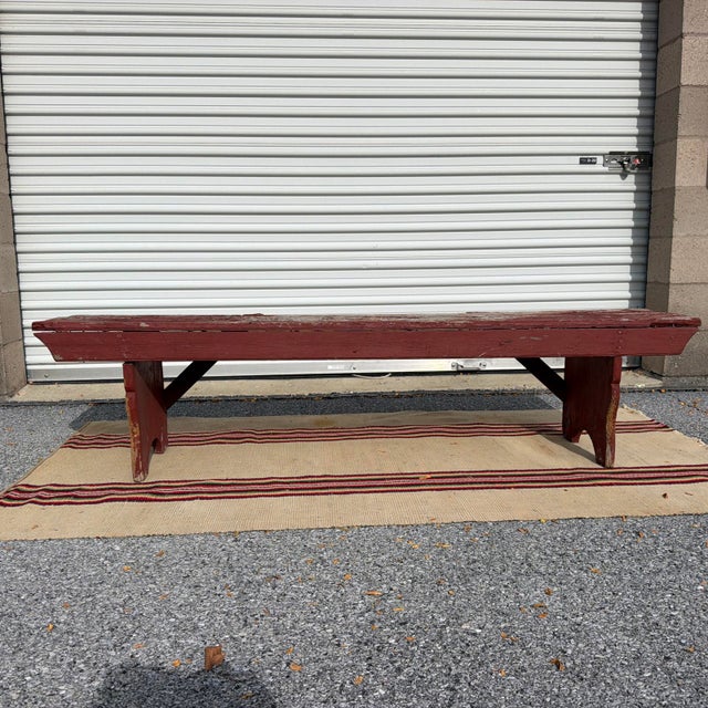 Antique Pennsylvania Mortised Bench in Old Red Paint, Lancaster County, Circa 1860s For Sale - Image 18 of 18