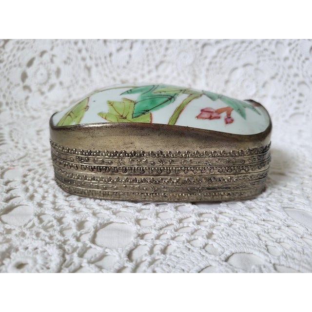 Metal Pink and Green Floral Porcelain Metal Box For Sale - Image 7 of 9