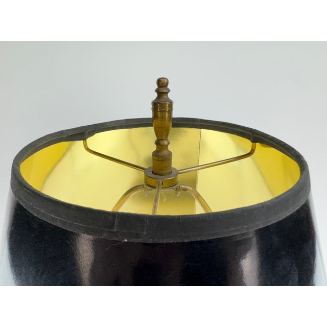 Vintage Hollywood Regency Antique Brass Candlestick Table Lamp With Black Shade For Sale - Image 11 of 13