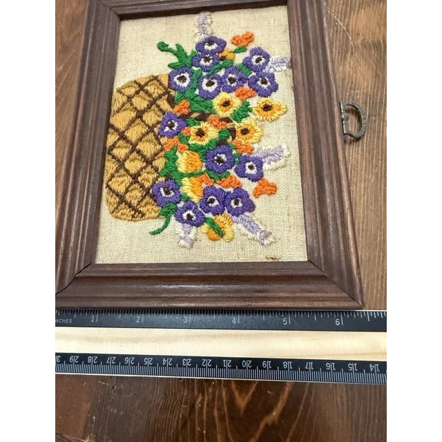 Mid-Century Modern Vintage Floral Crewel Embroidery Wall Hanging, Wood Frame, 8.5" X 6.5" For Sale - Image 3 of 6