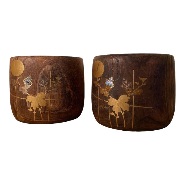 Antique Japanese Makie Kiai Hibachi Bowls Copper With Pearl Inlay- Set of 2 For Sale