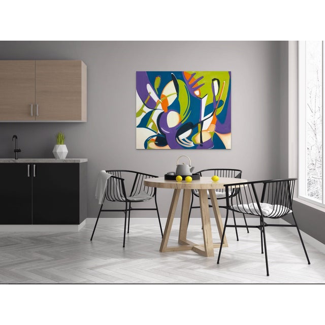Secrets of the Peaceful Atom features a dynamic interplay of bold colors and fluid shapes that evoke a sense of energy and...