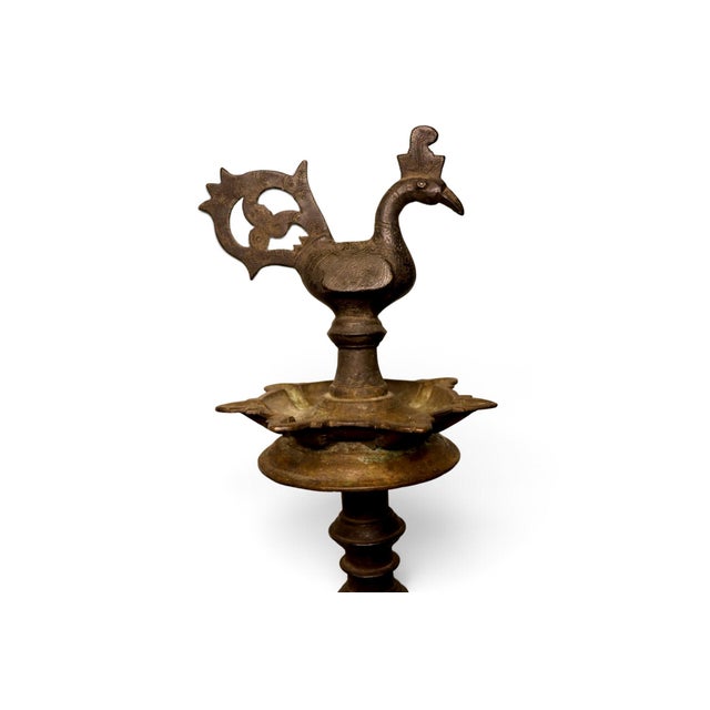 Gray Large Antique Indian Brass Diya Samai Pooja Temple Oil Lamp, 1920s For Sale - Image 8 of 18