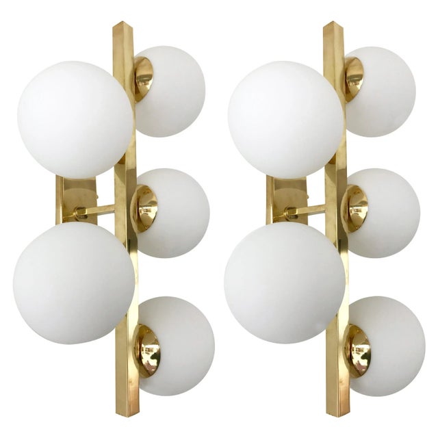 Contemporary Brass Opaline Glass Ball Sconces, Italy - a Pair For Sale - Image 11 of 11