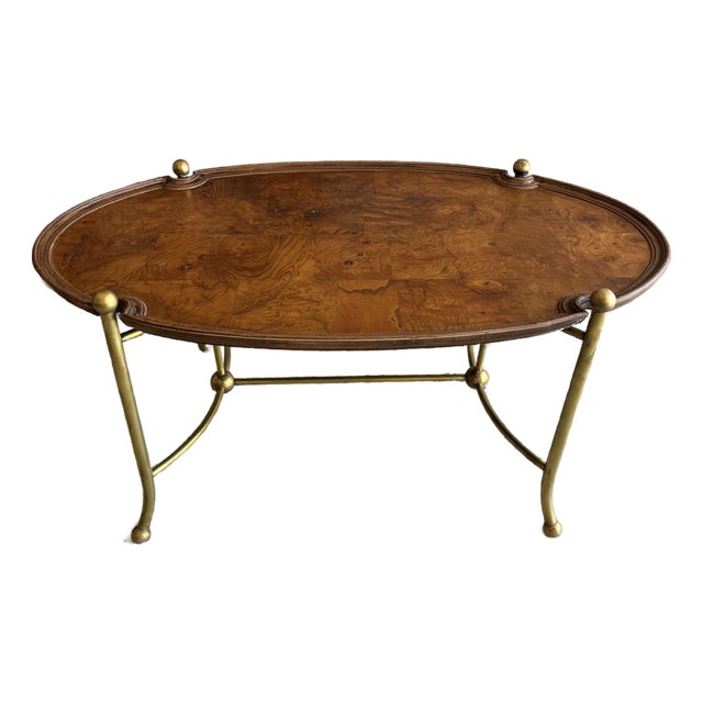 Late 20th Century Mid-Century Brass & Patch Burl Wood Top Oval Table For Sale