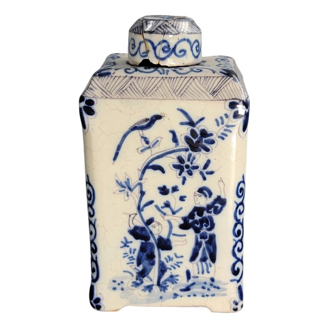 Antique Dutch Delftware Blue and White Chinoiserie Tea Caddy, 1700s For Sale