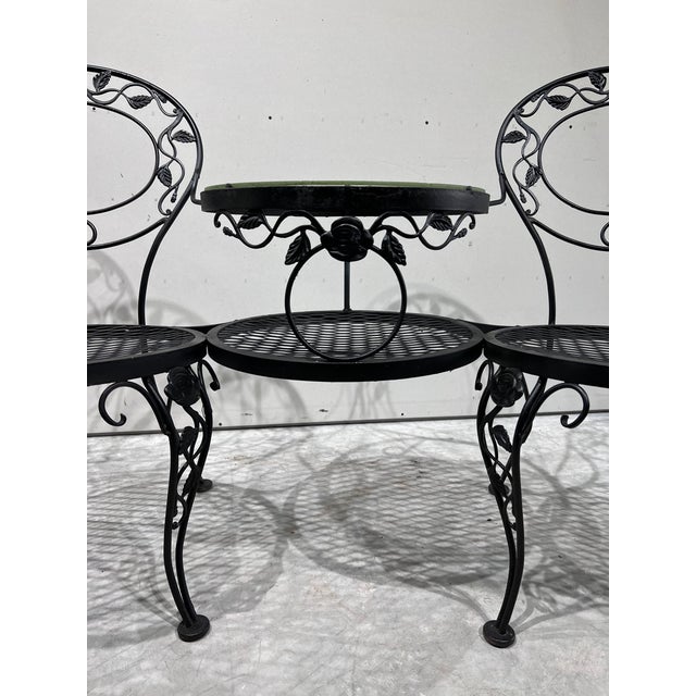 Woodard Furniture Tete-A-Tete Wrought Iron Outdoor Chantilly Rose Tete a Tete Chair Bench Loveseat For Sale - Image 6 of 11