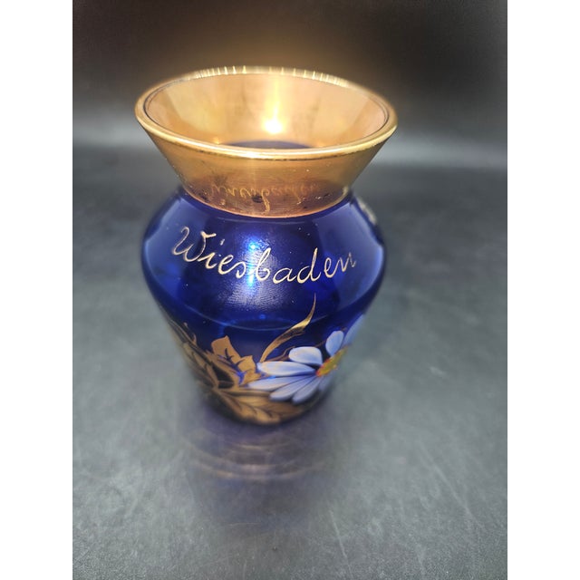 English Vintage Wittig Hadamar 1919 ERWi Echt Gold Cobalt Blue Crystal Vase Hand Painted For Sale - Image 3 of 4