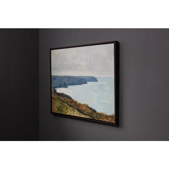 Blue Contemporary Distant Reflected Light at Porthtowan by Jon Doran | Oil on Panel Cornish Cliffs and Calm Sea For Sale - Image 8 of 9