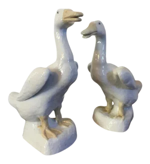 Antique Large Chinese Export White Blanc De Chine Glaze Porcelain Duck Figurines- a Pair