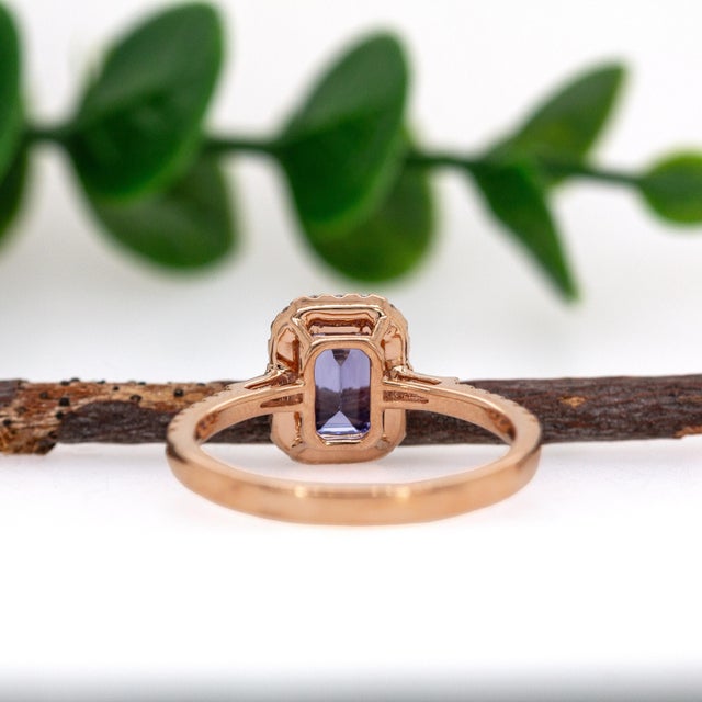 Metal 1ct Tanzanite Ring With Earth Mined Diamonds in Solid 14k Rose Gold | Em 7x5mm, Size 6.75 For Sale - Image 7 of 8