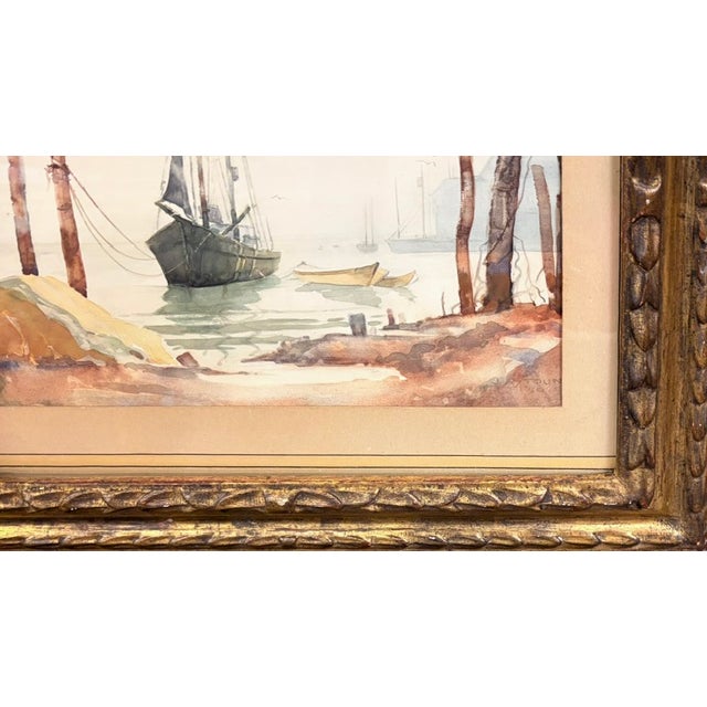 Mid Century Maritime Watercolor Painting - Sailboat in a Harbor - Signed, Fantastic Gilt Wood Frame For Sale In New York - Image 6 of 8