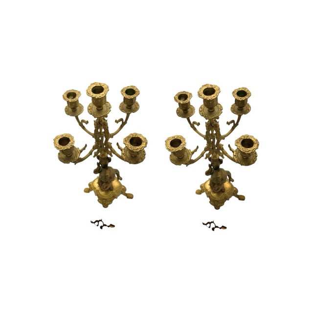 Mid 20th Century Candelabra Pair Brass 4 Arms With Cherub Angel Figures Vintage French Decor For Sale - Image 5 of 6