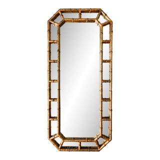 Tall Chinoiserie Faux Bamboo Gold Tortoise Shell Octagon Mirror For Sale