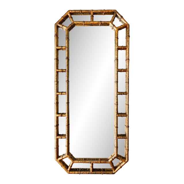 Tall Chinoiserie Faux Bamboo Gold Tortoise Shell Octagon Mirror For Sale