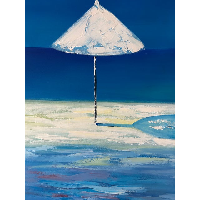 Vibrant double canvas painting of a Caribbean Blue ocean scene depicting one pristine beach umbrella on a sandbar....