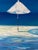 Vibrant double canvas painting of a Caribbean Blue ocean scene depicting one pristine beach umbrella on a sandbar....