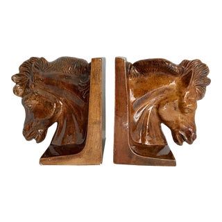 Vintage Ceramic Glazed Pottery Horse Bookends For Sale