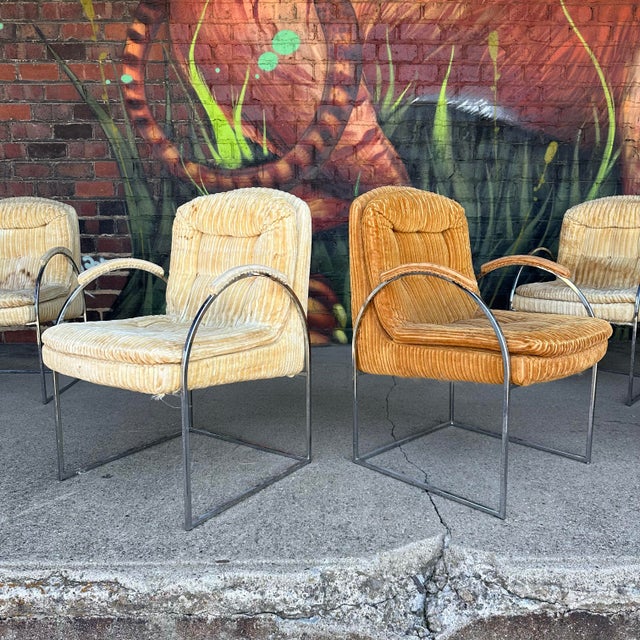 Set of 6 Founders Milo Baughman Style Dining Chairs This set of six chrome, armed and upholstered seat dining chairs is...
