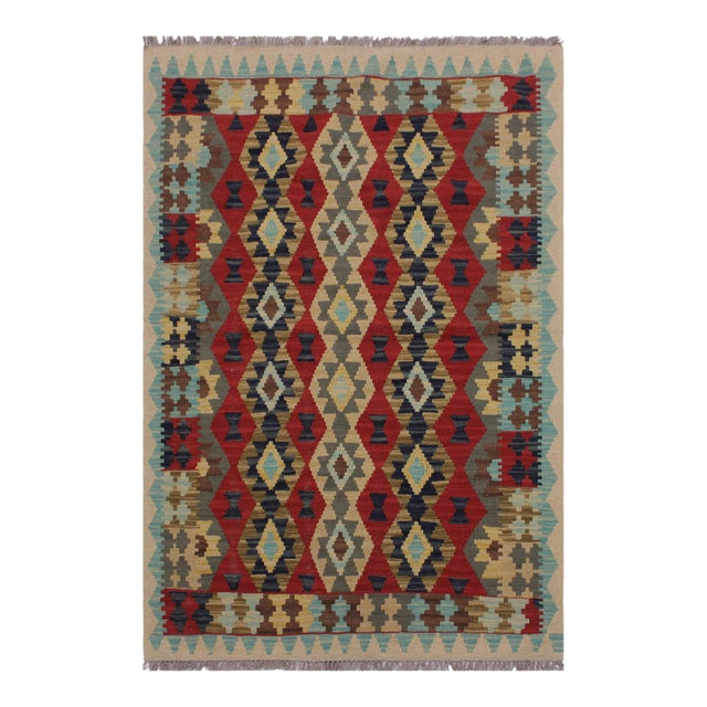 1990s Kilim Beige Red Wool Rug - 3'3" X 4'11" For Sale