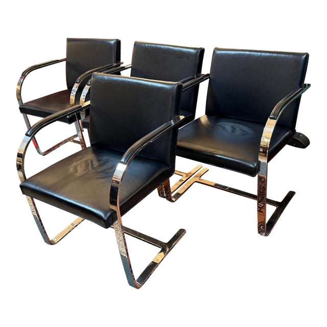 Brueton Cantilever Leather + Chrome Chairs, Set of Four For Sale