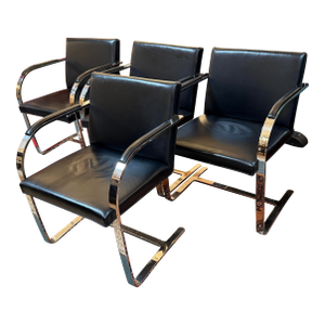 Brueton Cantilever Leather + Chrome Chairs, Set of Four