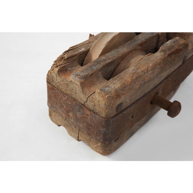 Large 20th Century Industrial Double Wooden Pulley Block For Sale - Image 5 of 11