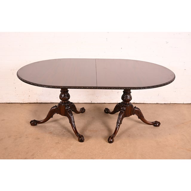 Wood 19th Century Antique Georgian Carved Mahogany Double Pedestal Extension Dining Table, Newly Refinished For Sale - Image 7 of 13