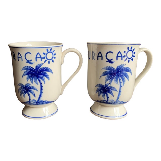 Pair of Vintage Delft Curacao Mugs For Sale