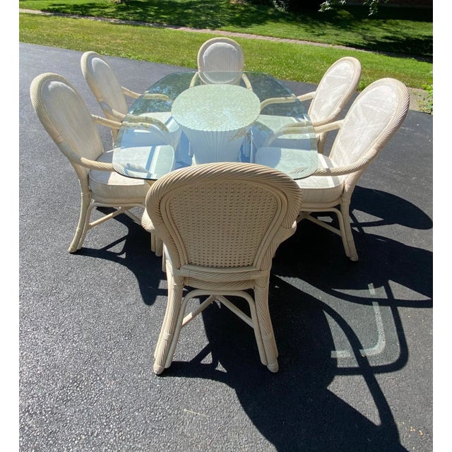1980s McGuire Style Bamboo Sheaf Rattan Dining Table and Chairs - Set of 7 For Sale - Image 11 of 13